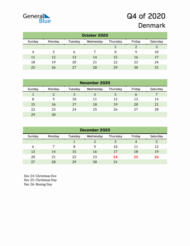 Quarterly Calendar 2020 with Denmark Holidays