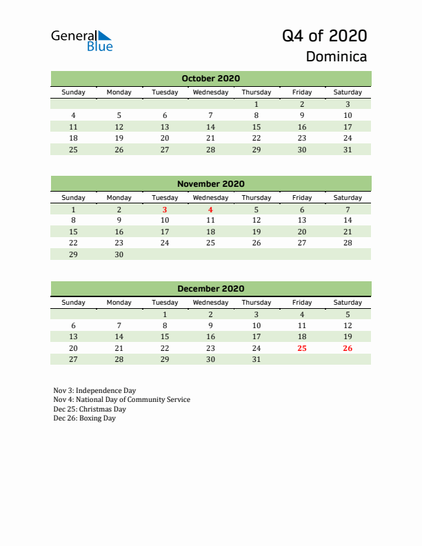 Quarterly Calendar 2020 with Dominica Holidays