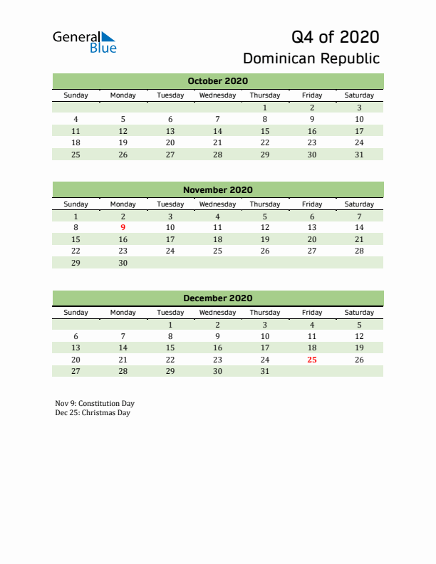 Quarterly Calendar 2020 with Dominican Republic Holidays