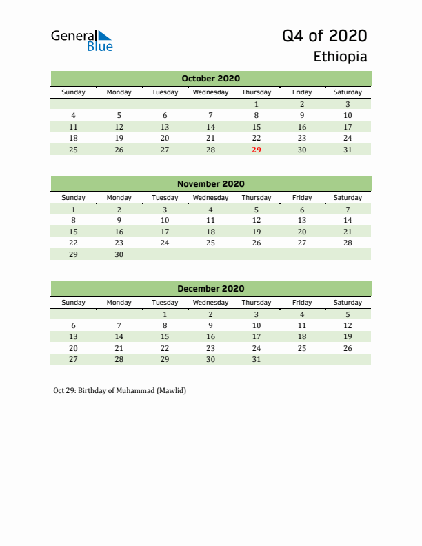 Quarterly Calendar 2020 with Ethiopia Holidays