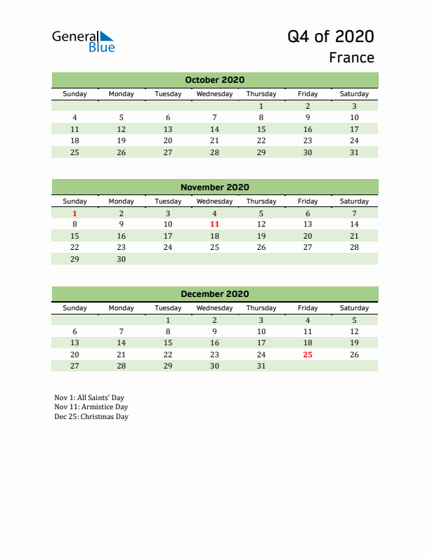 Quarterly Calendar 2020 with France Holidays