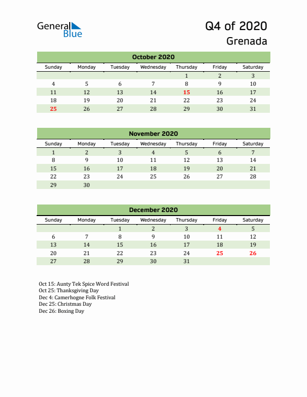 Quarterly Calendar 2020 with Grenada Holidays