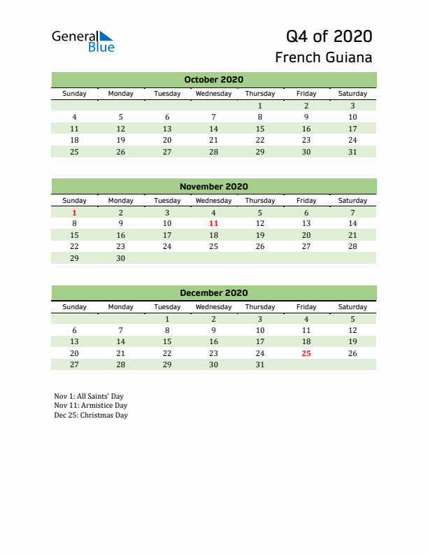 Quarterly Calendar 2020 with French Guiana Holidays