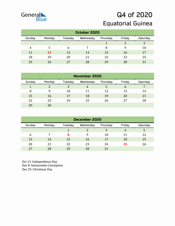 Quarterly Calendar 2020 with Equatorial Guinea Holidays