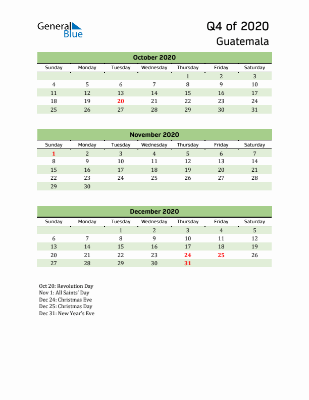 Quarterly Calendar 2020 with Guatemala Holidays