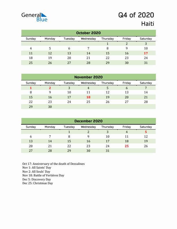 Quarterly Calendar 2020 with Haiti Holidays