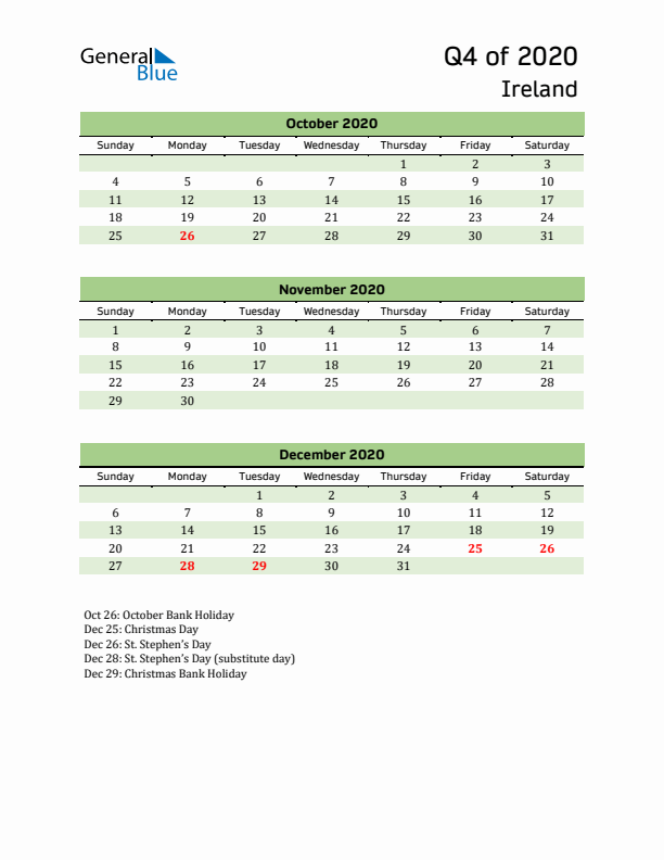 Quarterly Calendar 2020 with Ireland Holidays