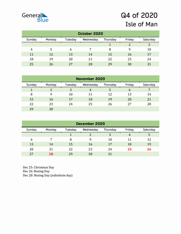 Quarterly Calendar 2020 with Isle of Man Holidays