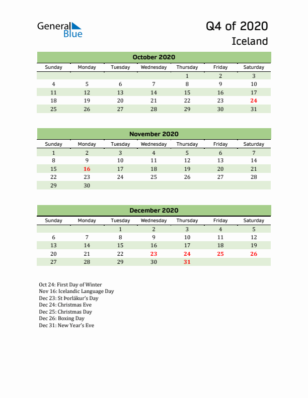 Quarterly Calendar 2020 with Iceland Holidays