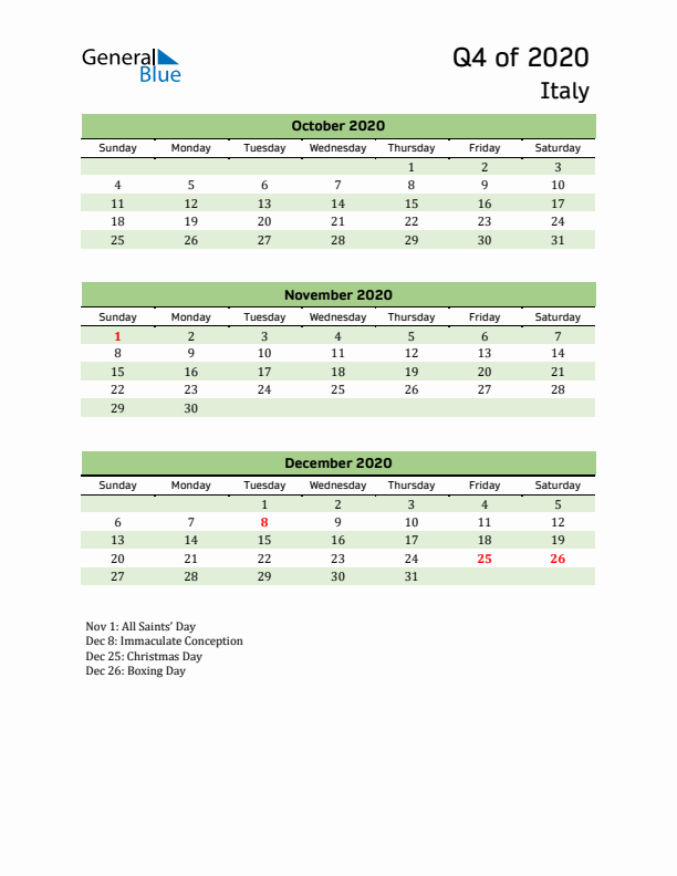 Quarterly Calendar 2020 with Italy Holidays