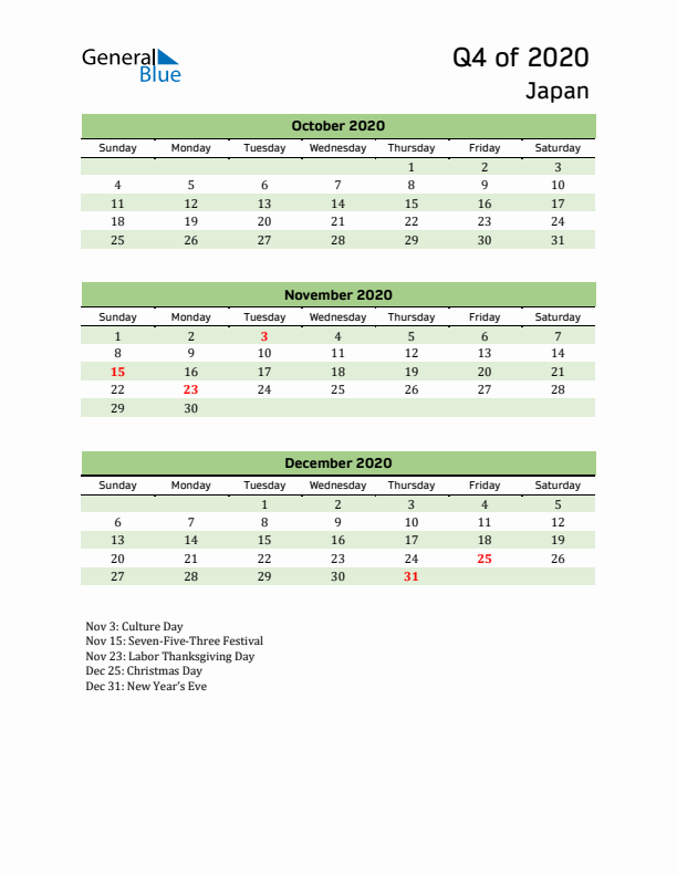 Quarterly Calendar 2020 with Japan Holidays