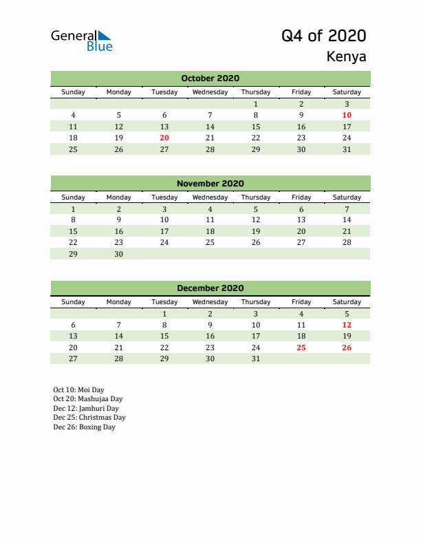 Quarterly Calendar 2020 with Kenya Holidays