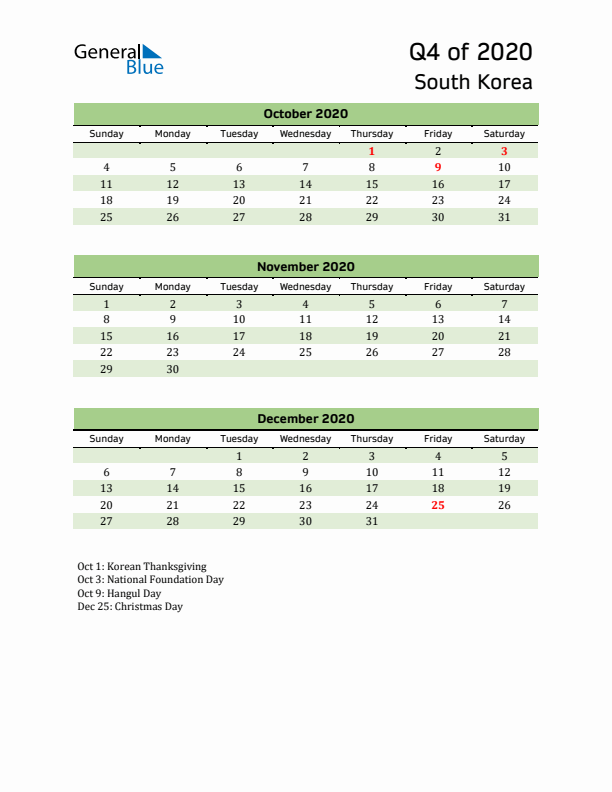 Quarterly Calendar 2020 with South Korea Holidays