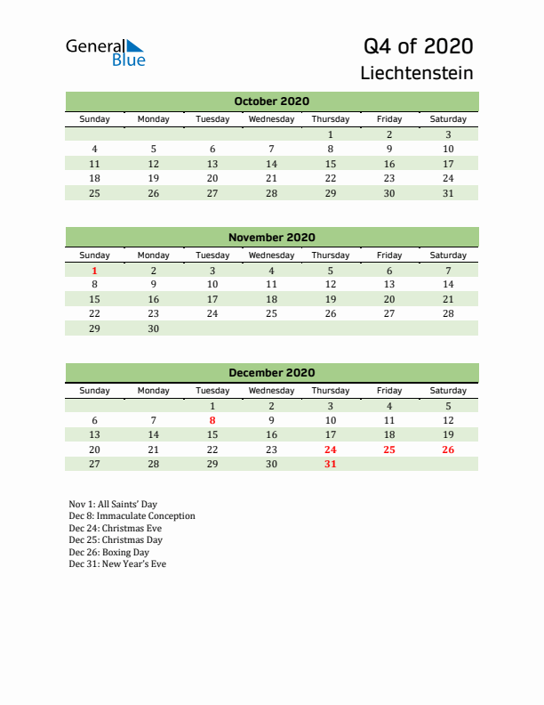 Quarterly Calendar 2020 with Liechtenstein Holidays