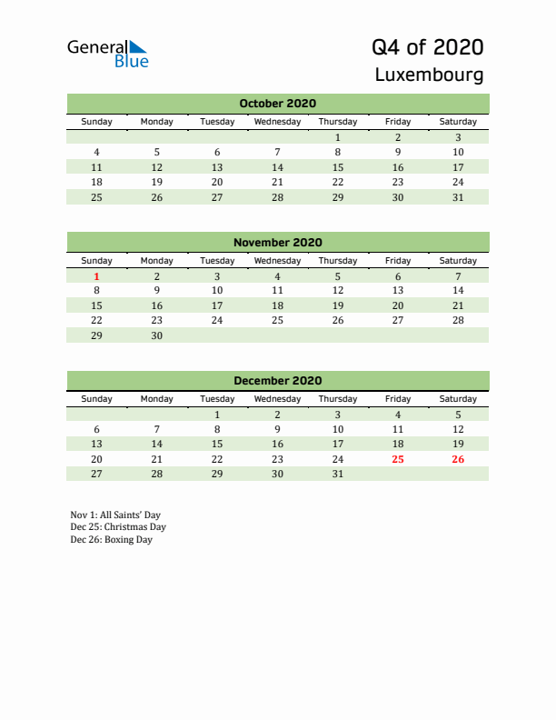 Quarterly Calendar 2020 with Luxembourg Holidays