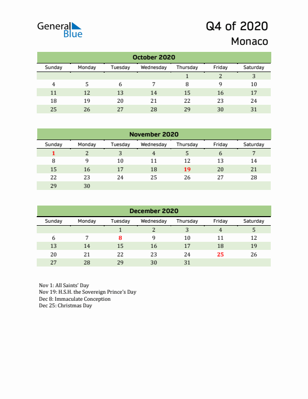 Quarterly Calendar 2020 with Monaco Holidays