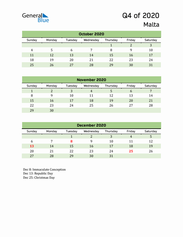 Quarterly Calendar 2020 with Malta Holidays