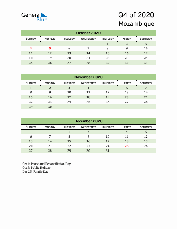 Quarterly Calendar 2020 with Mozambique Holidays