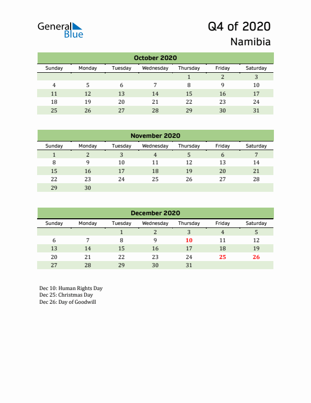 Quarterly Calendar 2020 with Namibia Holidays