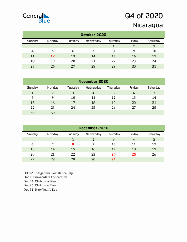 Quarterly Calendar 2020 with Nicaragua Holidays