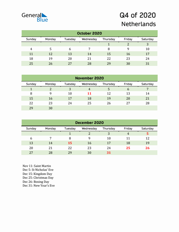 Quarterly Calendar 2020 with The Netherlands Holidays