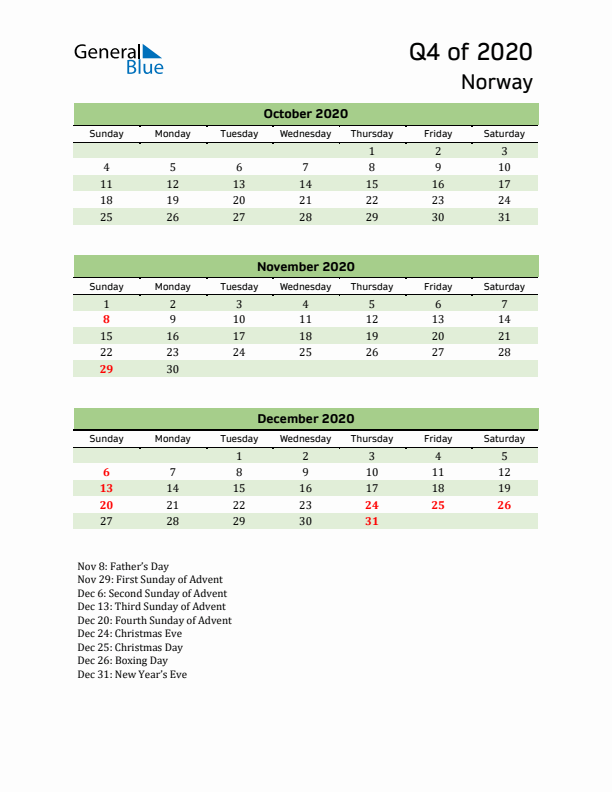 Quarterly Calendar 2020 with Norway Holidays