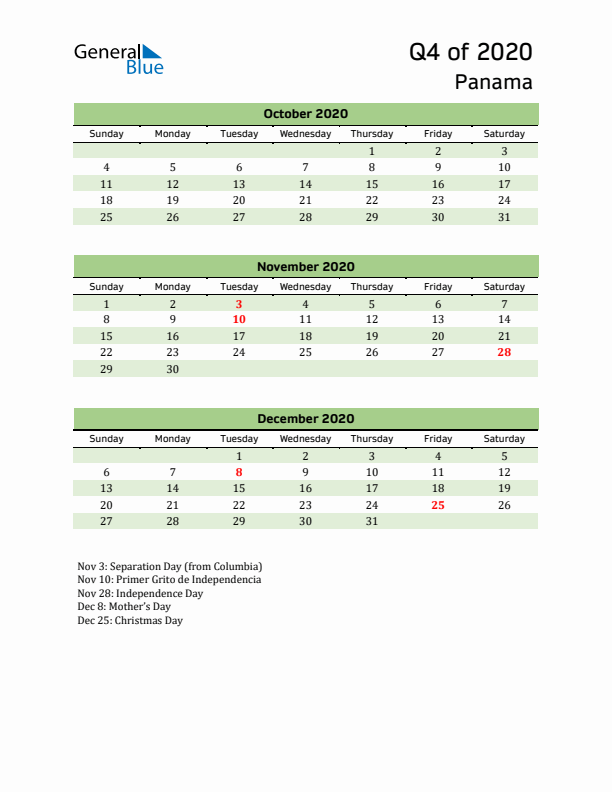 Quarterly Calendar 2020 with Panama Holidays