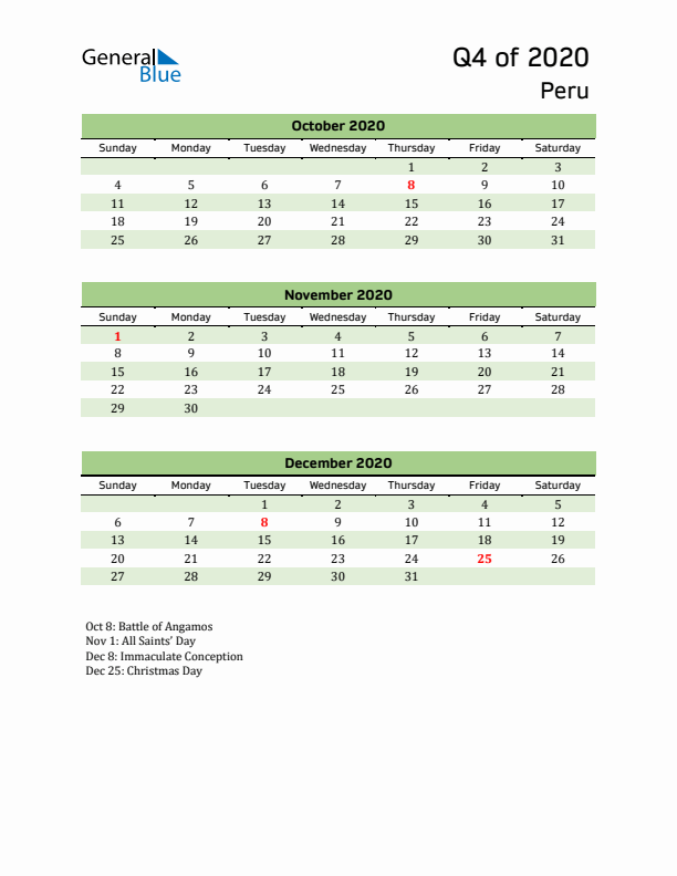 Quarterly Calendar 2020 with Peru Holidays