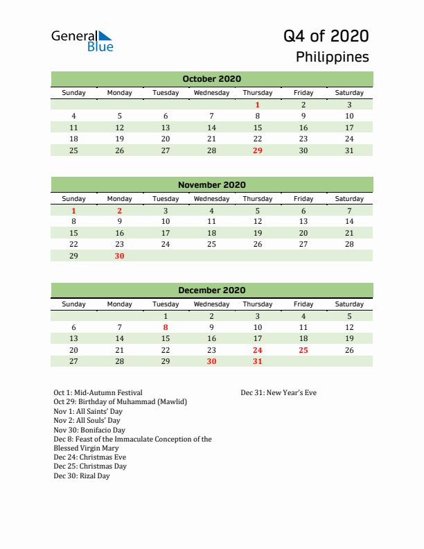 Quarterly Calendar 2020 with Philippines Holidays