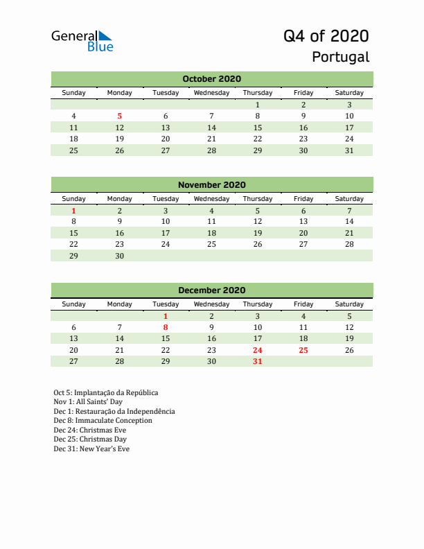 Quarterly Calendar 2020 with Portugal Holidays