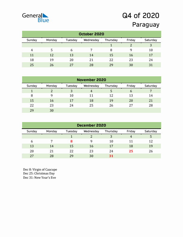 Quarterly Calendar 2020 with Paraguay Holidays