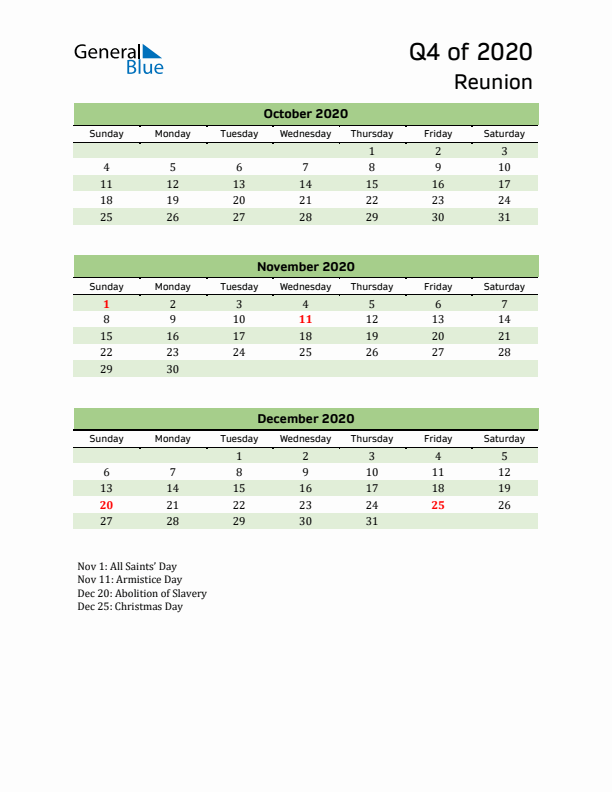 Quarterly Calendar 2020 with Reunion Holidays