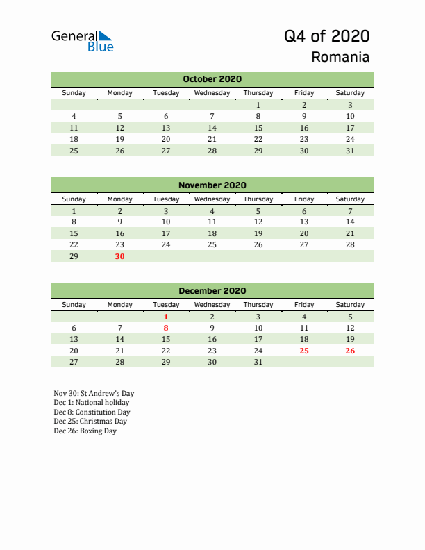 Quarterly Calendar 2020 with Romania Holidays