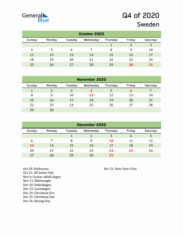 Quarterly Calendar 2020 with Sweden Holidays