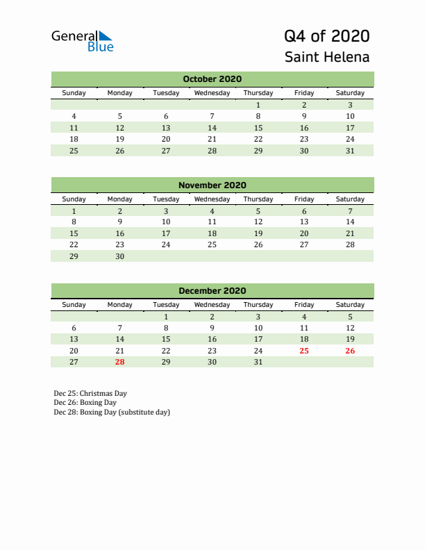 Quarterly Calendar 2020 with Saint Helena Holidays