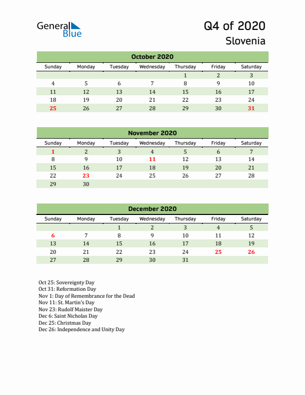 Quarterly Calendar 2020 with Slovenia Holidays