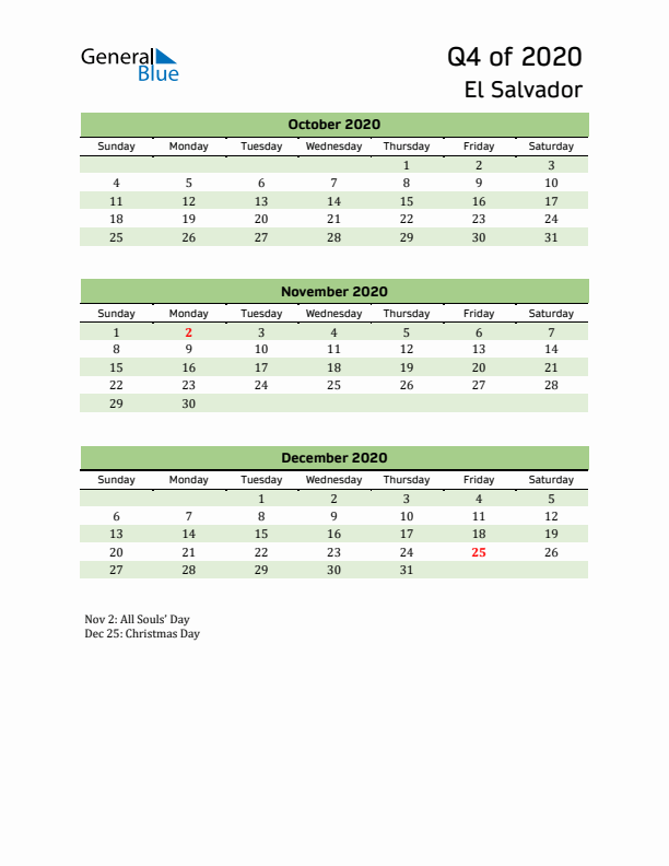 Quarterly Calendar 2020 with El Salvador Holidays