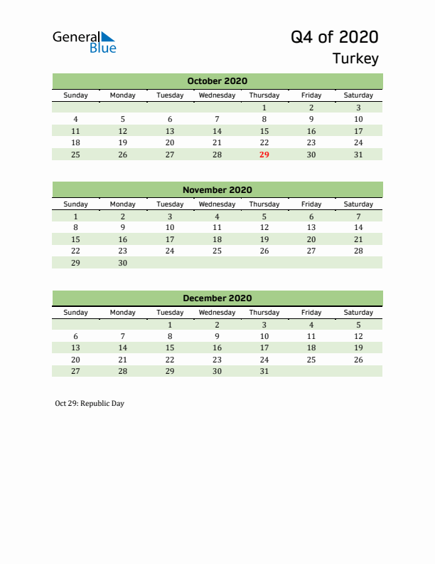 Quarterly Calendar 2020 with Turkey Holidays