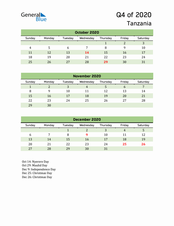 Quarterly Calendar 2020 with Tanzania Holidays