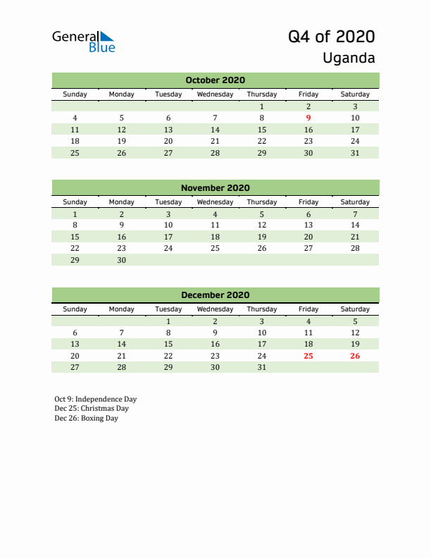 Quarterly Calendar 2020 with Uganda Holidays