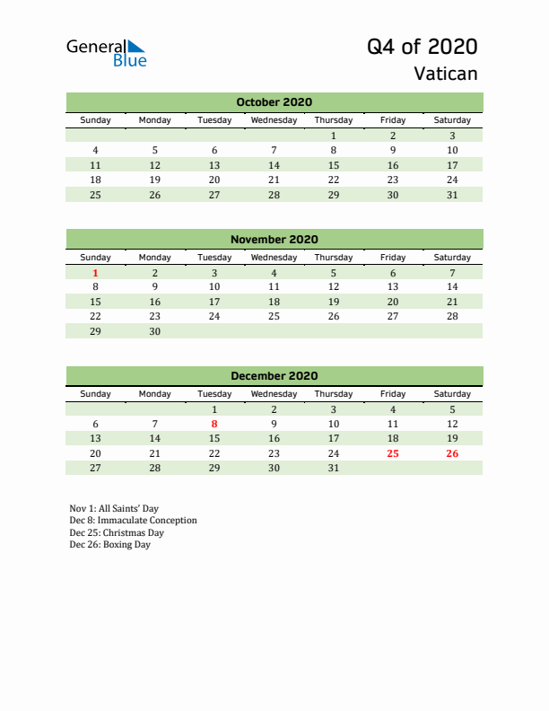 Quarterly Calendar 2020 with Vatican Holidays