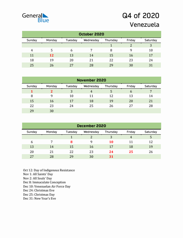 Quarterly Calendar 2020 with Venezuela Holidays