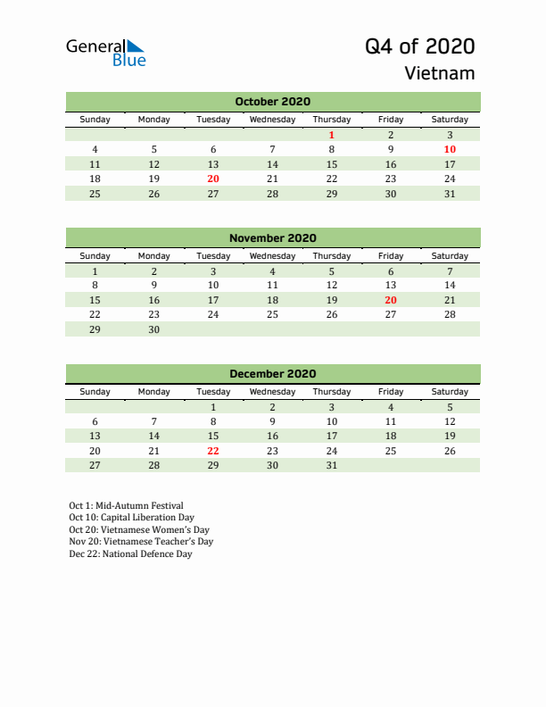 Quarterly Calendar 2020 with Vietnam Holidays