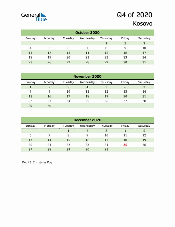 Quarterly Calendar 2020 with Kosovo Holidays