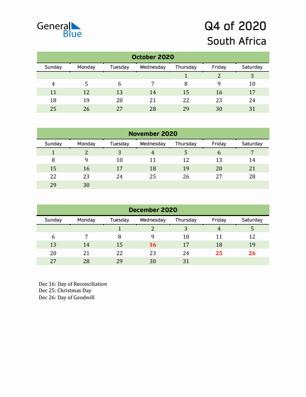 Quarterly Calendar 2020 with South Africa Holidays