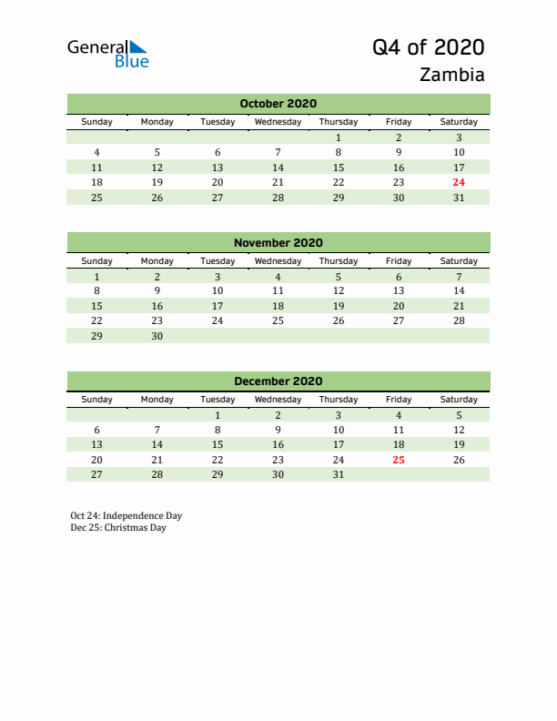 Quarterly Calendar 2020 with Zambia Holidays