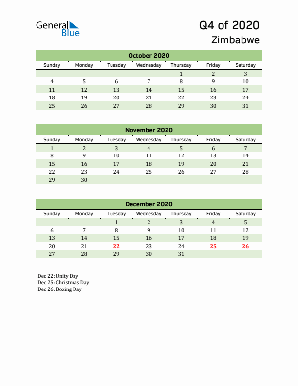 Quarterly Calendar 2020 with Zimbabwe Holidays