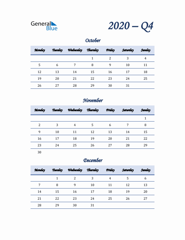 Monday Start 2020 Quarterly Calendar