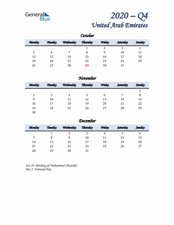 October, November, and December Calendar for United Arab Emirates with Monday Start