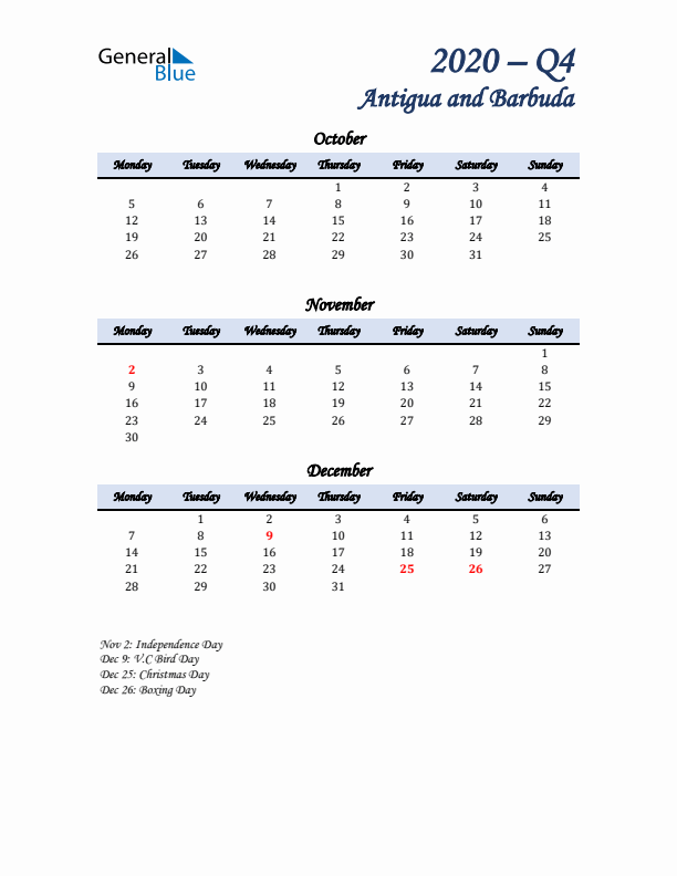 October, November, and December Calendar for Antigua and Barbuda with Monday Start